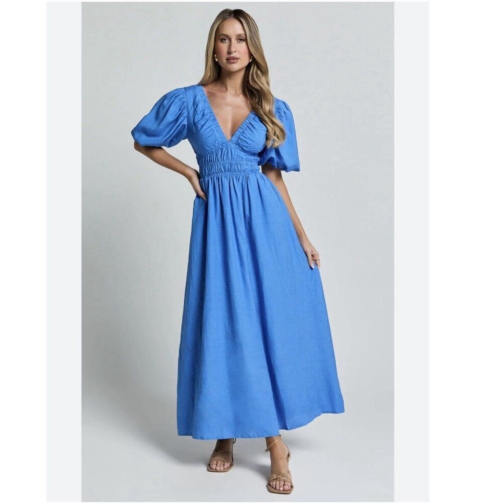 Amalie The Label Khaila Linen Blend Blue Puff Sleeve Plunge Midi Dress NWT US 4